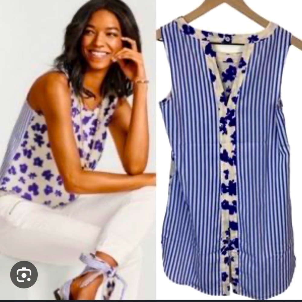 Cabi M high/low top in blue stripes/floral